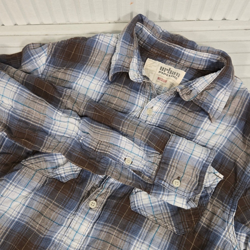 Urban Pipeline‎ Mens Plaid Long Sleeve Button Up Shirt Medium Blue Brown Casual